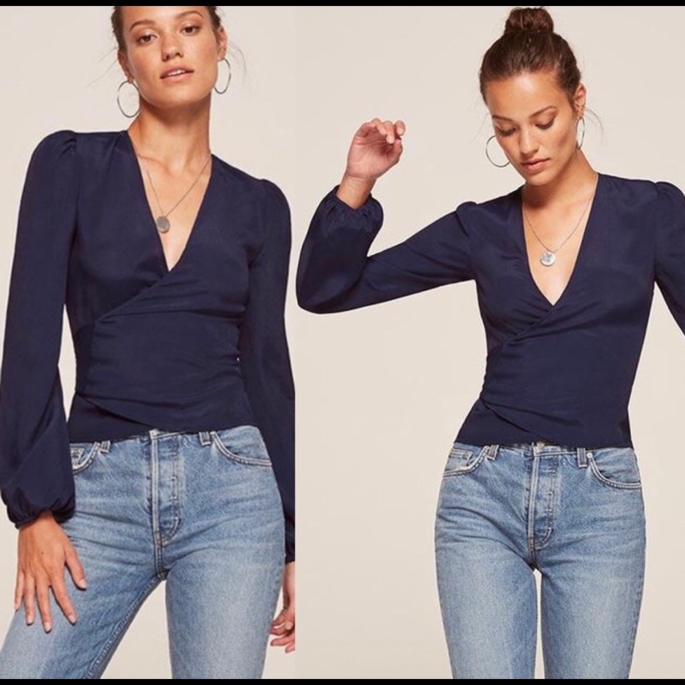 Reformation Toulouse Blue Wrap Top, Size Medium